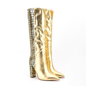 Bottes hautes pour femmes, grande taille 47, imprimé pierre dorée, patchwork, talon épais, sur bottines longues multicolores - Product Image 6