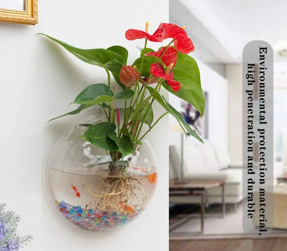 Pemegang gantung dinding akrilik, vas bunga mangkuk ikan tidak beraturan, pemegang akrilik pemasangan dinding dekorasi taman kantor rumah
