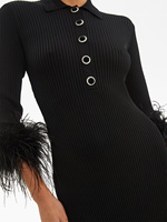 Fabricant de tricots Robe pull en tricot personnalisée Robe pull midi en tricot côtelé à plumes et à manches longues Robe pull noire Vêtements pour femmes