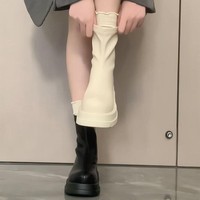 Bottines à plateforme mi-mollet pour femme, style Soft Girl, avec fermeture éclair arrière, semelle épaisse à crampons, blanc et noir, vintage, mode campus et streetwear