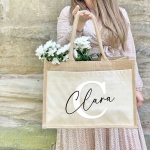 Sac en jute réutilisable personnalisé avec votre nom ou motif, sac fourre-tout en jute pour le shopping, fabriqué en jute et coton - Product Image 2