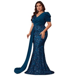 Elegante abito da sera Patchwork con paillettes Plus Size per mamme aderenti manica corta estiva traspirante abito da sera da Cocktail - Product Image 1