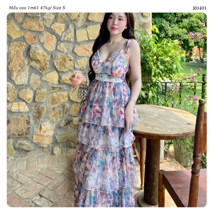 เดรสยาวผ้าชีฟองลายดอกไม้สำหรับผู้หญิง คอวี สายเดี่ยวผูกไหล่ แต่งระบายเป็นชั้นๆ พลิ้วไหว เหมาะสำหรับใส่ไปเที่ยวชายหาด - Product Image 4