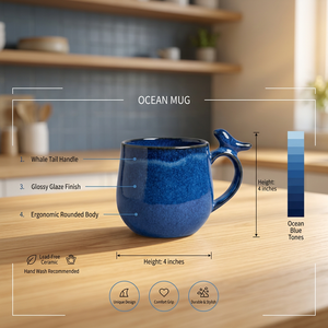 Taza de Cerámica de Diseño Nórdico Azul Océano con Asa de Cola de Ballena, Acabado Brillante, Diseño Ergonómico, Sin Plomo, Lavable a Mano, para Fiestas - Product Image 1