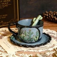 Mug à café en céramique bleu gris avec motif de cactus peint à la main et poignée noire, cuillère 3D en forme de cactus pour la maison et la cuisine