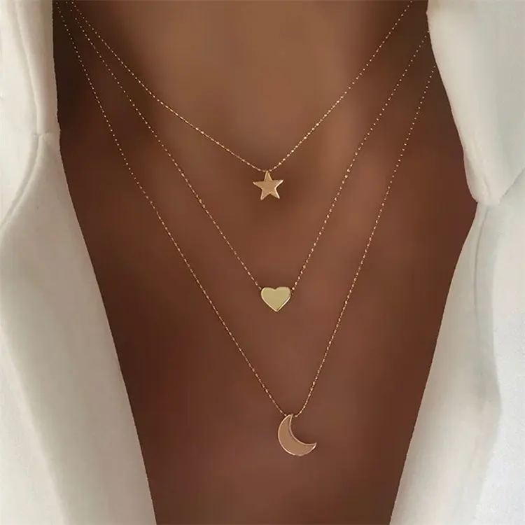 Gold koreanischer Schmuck Anhänger Kragen Kette Retro Star Moon Love Halskette für Frauen