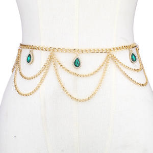 Chaîne de corps tendance multicouche en or avec pendentif goutte d'eau verte pour femme, idéale pour les soirées et le style hip-hop - Product Image 1