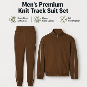 Ensemble de survêtement décontracté 2 pièces pour homme, personnalisé, avec veste zippée intégrale à col montant en maille texturée marron, et pantalon de jogging à cordon de serrage avec passepoil contrastant, en tissu gaufré, OEM - Product Image 2
