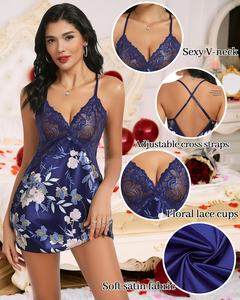 Lovasy ODM 中国女式性感娃娃装内衣短款缎面睡裙可调节细肩带内衣 V 领蕾丝 7 天 - Product Image 3