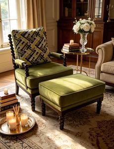 Ensemble fauteuil et ottoman en velours vert vintage, fauteuil d'appoint capitonné avec pieds en bois tourné - Product Image 5
