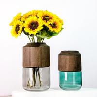 Vase en verre avec dessus en bois et collier en bois, transparent bleu-vert, pour fleurs fraîches, branches, décoration de table et de maison