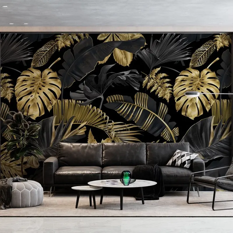 Black gold palm leaf custom printed wallpaper tropical leaf 5d mural dark background