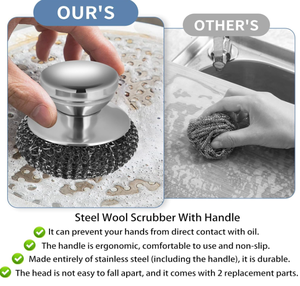 Onewly Lot de 2 brosses de <span class=keywords><strong>nettoyage</strong></span> de vaisselle écologiques en laine <span class=keywords><strong>d</strong></span>'acier avec manche en acier inoxydable pour casseroles et poêles en fonte - Product Image 3