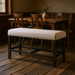 Banco rústico de altura media con tapizado de lino beige y adornos de clavos para comedor - Product Image 2