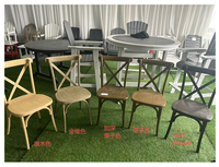 Chaises à dossier croisé en résine plastique naturelle pour extérieur, banquet style ferme, empilable, finition en bois, vente en gros en usine