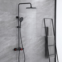 Système de douche moderne pour salle de bain, noir mat, avec jet de pluie rouge, mitigeur thermostatique en laiton à poignée unique et barre coulissante