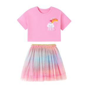 Conjunto <span class=keywords><strong>de</strong></span> <span class=keywords><strong>Ropa</strong></span> <span class=keywords><strong>Infantil</strong></span> 100% <span class=keywords><strong>Algodón</strong></span> al por Mayor, Camiseta <span class=keywords><strong>de</strong></span> Manga Corta con Aplique <span class=keywords><strong>de</strong></span> Nube <span class=keywords><strong>de</strong></span> Dibujos Animados y Falda, Antiarrugas, Casual, Tallas 2-7 Años - Product Image 2