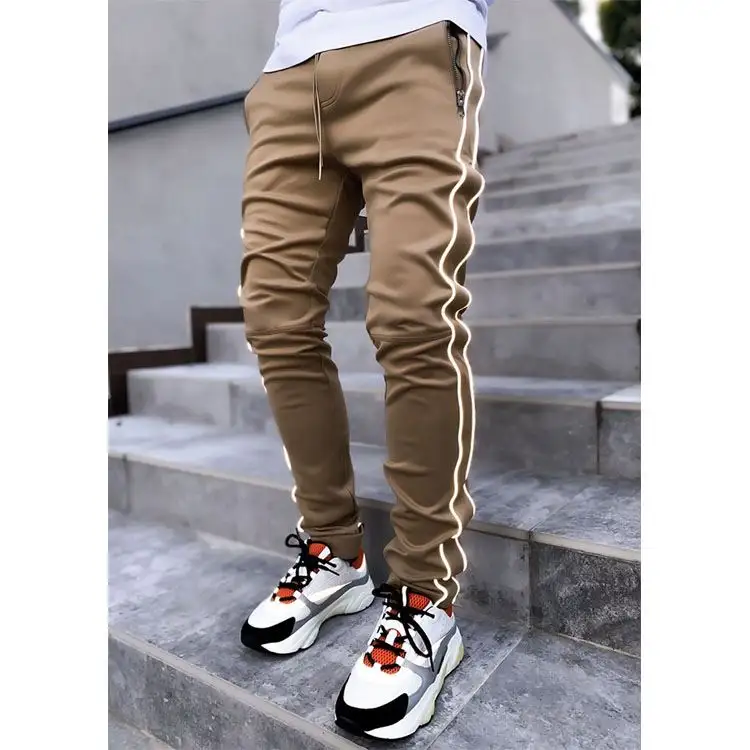 Hot Sale Men's Stretch Sweatpants Solid Color Sport Pants Training Jogging Reflective Stripe Cargo Men Joggers Pants