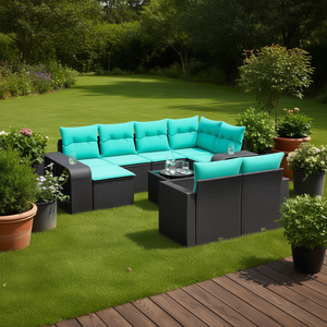 Ensemble de canapés de patio en polyrotin noir avec coussins, 10 places, mobilier de jardin extérieur, design contemporain - Product Image 2