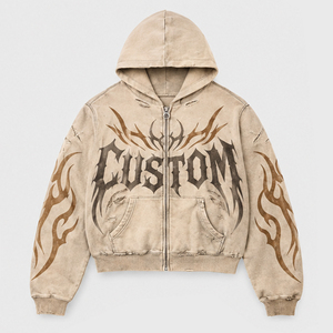 Sweat à capuche zippé streetwear en coton épais, coupe oversize et carrée, avec motif graphique vieilli et logo personnalisé pour homme – Vente en gros - Product Image 2