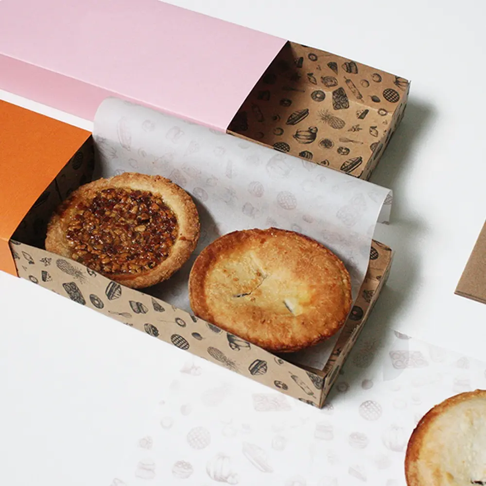 Cajón de extremo abierto con manga impresa, caja Rectangular de papel Kraft, Flexo, para muffins y Pie, color rosa y naranja