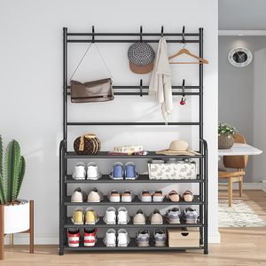 Perchero de entrada de 5 niveles 3 en 1 con estante para zapatos, perchero de metal negro independiente para ropa, zapatos, sombreros, bolsos y paraguas - Product Image 5