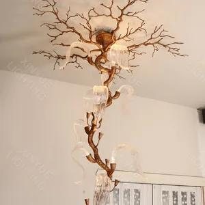 High quality art design full copper branch tree glass leaf chandelier pendant light for restaurant
