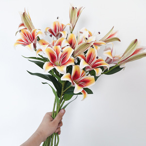 Bouquet de lys artificiels en PVC, haute simulation, pour mariage et décoration intérieure, rose diamant, à trois têtes - Product Image 2