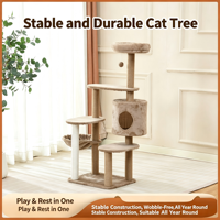 Arbre à chat multi-niveaux en bois avec condo, hamac doux, perchoir supérieur, poteaux à gratter écologiques en lin naturel, structure stable pour le jeu du chat