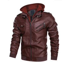 Veste en simili cuir pour homme style motard rétro C2907 - Veste de moto décontractée marron avec capuche amovible
