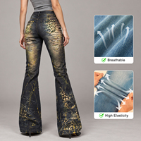 Jeans à étiquette privée, jeans évasés déchirés pour femmes, jeans déchirés pour femmes, jeans évasés vintage en tricot extensible à imprimé animal