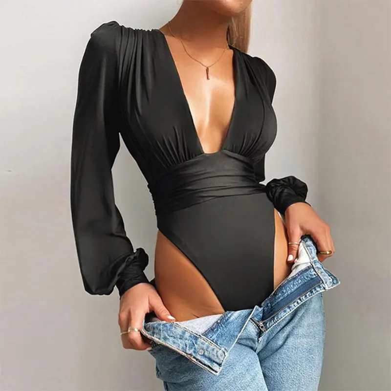 95%Polyester 5%Spandex Long Sleeve Bodysuit V-Neck One Piece Black Sexy Bodysuits For Women