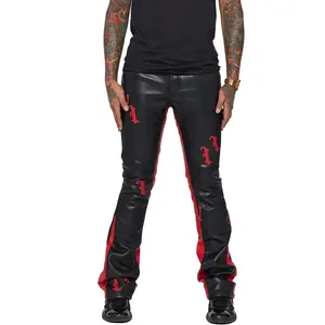 KY Red Applique Leather Stacked Pants Genuine Leather Acid Wash Flare Sweatpants Color Block Leather Pants Men