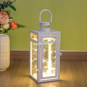 Linterna decorativa de acero inoxidable de 12 pulgadas de alto, farol colgante de Metal blanco con paneles de vidrio transparente, perfecto para la decoración del hogar - Product Image 3