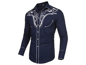 Camisas Bordadas Azul Marino para <span class=keywords><strong>Hombre</strong></span>, Estilo Occidental con Flores Doradas, Atuendo <span class=keywords><strong>Vaquero</strong></span> Americano Mexicano, Camisa Casual - Product Image 3