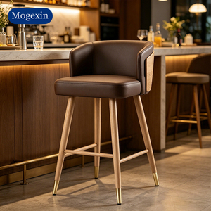 Contemporary Brown Faux <b>Leather</b> Bar <b>Stool</b> Curved Back Bar Chair with Solid Wood Legs for Cafe Restaurant & Hotel - Product Image 1
