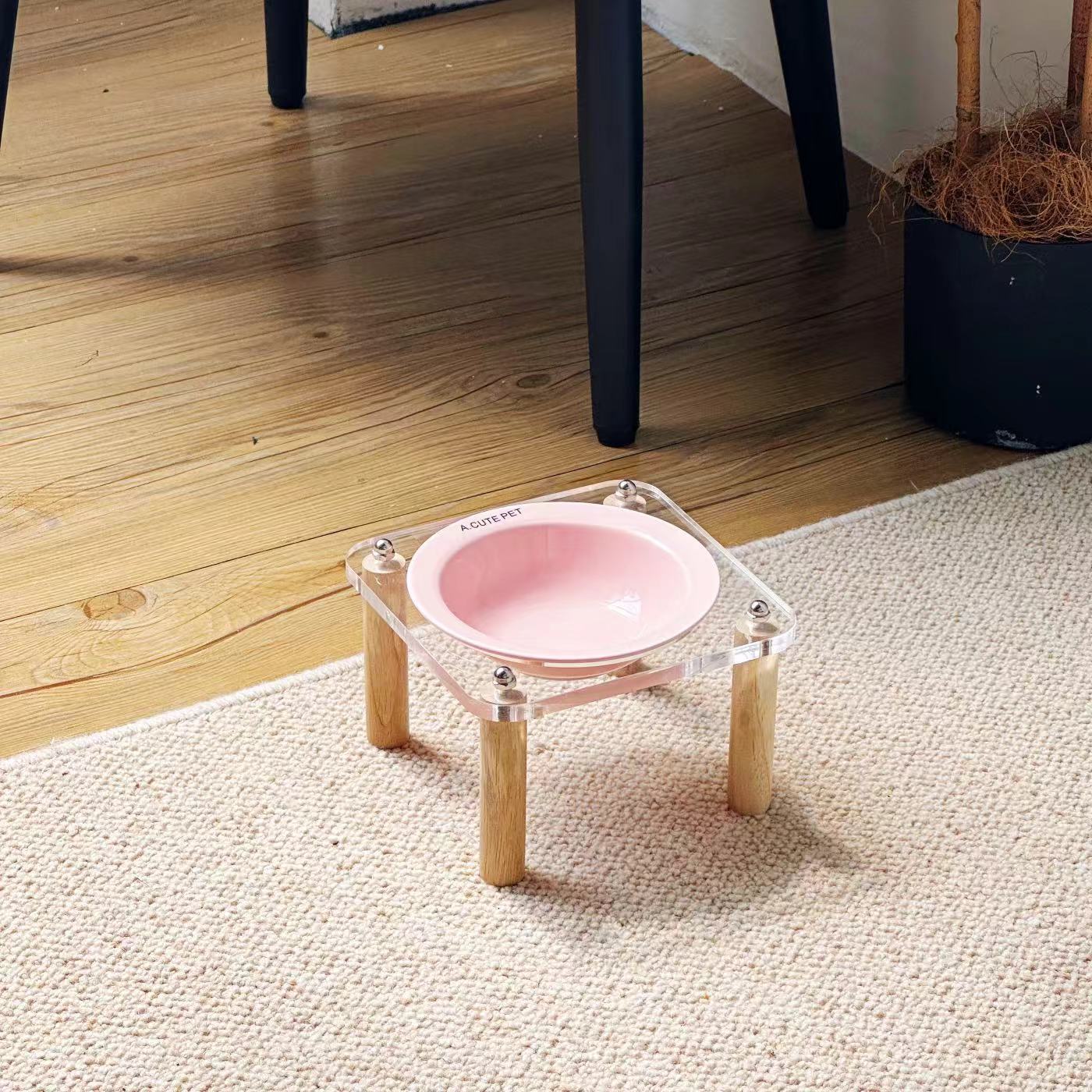 SKU-2 - Single acrylic wooden leg stand + pink ceramic bowl