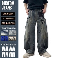 Jeans en denim baggy personnalisés style streetwear, patchwork, délavés et déchirés, en denim selvedge pour hommes – Vente en gros
