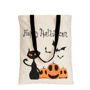 Sac fourre-tout personnalisé pour Halloween, sac de courses réutilisable en toile, imprimé citrouille, chat, chauve-souris, sac cadeau pour fête d'Halloween - Product Image 5