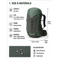 Sac à dos de randonnée imperméable 34L personnalisé, multi-couches, pratique, pour l'aventure en plein air
