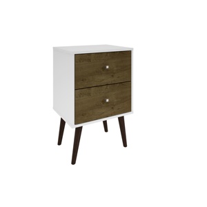 Table de chevet blanche en bois rustique brun, 2 tiroirs, style moderne du milieu du siècle, meubles de chambre à coucher - Product Image 1