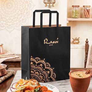 Custom Printed Biodegradable Eco-Friendly Black Kraft Paper <b>Bags</b> for Indian Takeaway Restaurants with Handles - Product Image 5