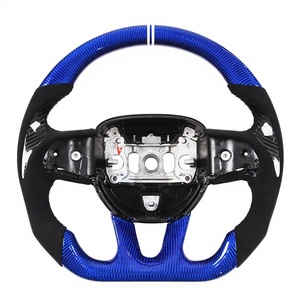 Volant YLCRacing à 4 branches modèle 375 <span class=keywords><strong>pour</strong></span> Dodge Challenger Blue Devil Horns, modification en fibre de carbone et cuir suédé, 375 mm intérieur - Product Image 1