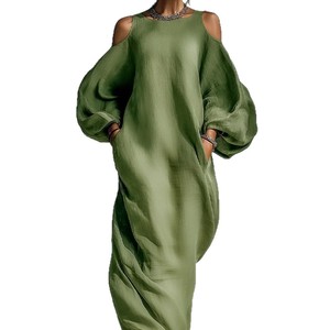 <span class=keywords><strong>Robe</strong></span> décontractée <span class=keywords><strong>longue</strong></span> à manches longues et épaules dénudées, coupe trapèze ample, tissée, taille mi-haute, pour femme, collection Printemps-Été 2026, style européen et américain - Product Image 5