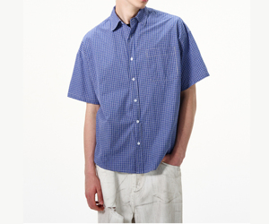 Chemise d'été à carreaux 100 % coton pour homme avec logo personnalisé, col rabattu, coupe oversize, manches courtes, anti-plis, vêtement décontracté - Product Image 3