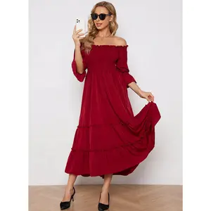 Casual Solid Color Printed Maxi Long Summer Vintage Ruffles Puff Off-shoulder Chiffon Factory Wholesale Stock Custom Women Dres