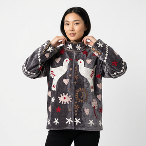 Hand Embroidered Velvet Cotton <b>Jacket</b> Pink Birds Floral <b>Pattern</b> Mandarin Collar Full Sleeve Spring Autumn Winter Women's <b>Jacket</b> - Product Image 3