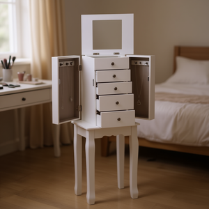 Armoire à bijoux blanche à 5 tiroirs avec miroir, meuble de rangement supérieur, 2 portes latérales, organisateur sur pied en bois - Product Image 2