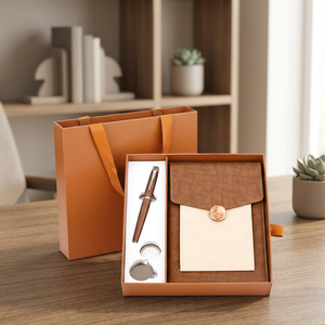 Brown Leather Business <b>Gift</b> <b>Set</b> With Metal Pen Notebook And Keychain - Product Image 3