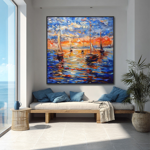 Impressionista tela fatta a mano tramonto <span class=keywords><strong>barche</strong></span> a vela 3D arte della parete decorazioni per la casa paesaggi marini dipinti - Product Image 2